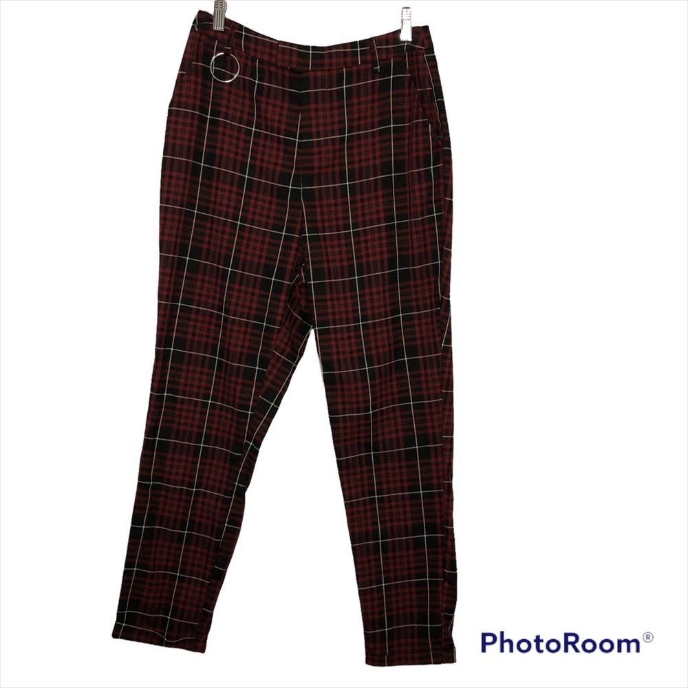 HOT TOPIC Red plaid pants with cuffed bottoms, elastic back with chain hook up L